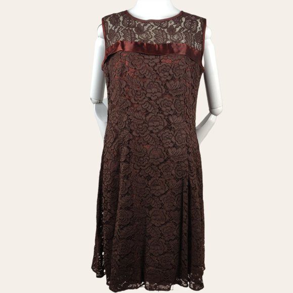 Vintage 1960s Brown Lace Cocktail Dress MOD MCM Tent Flare Satin Bow Lined M - Picture 1 of 12